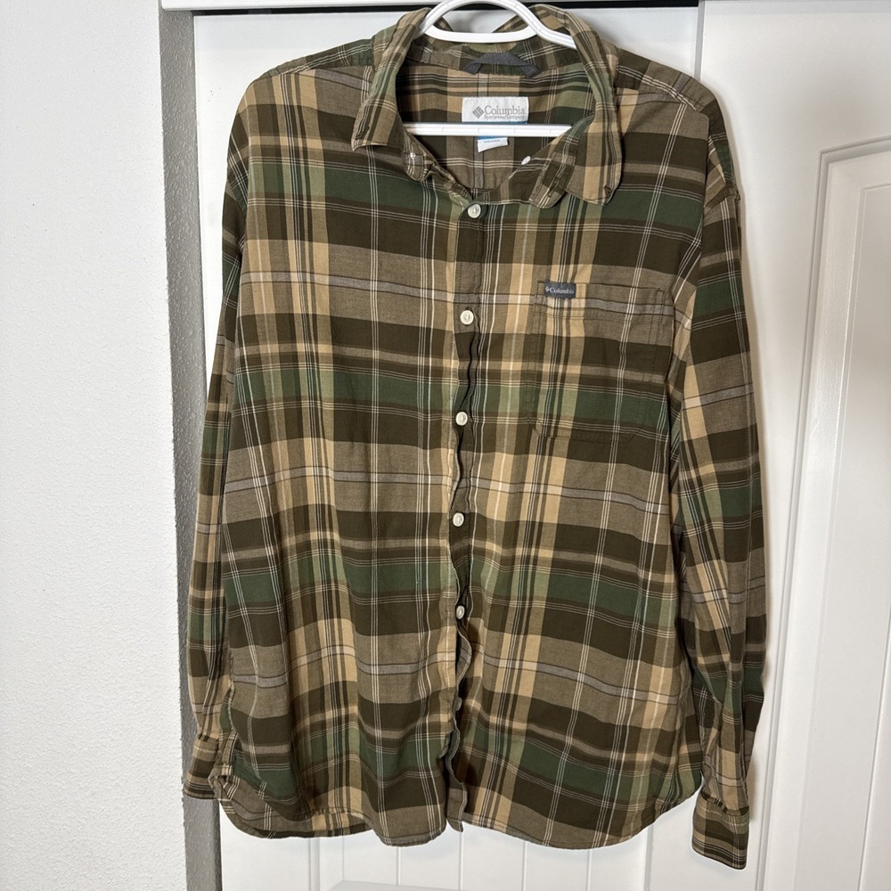 Columbia Shirt Mens XXL Brown Green Plaid Flannel Button Down Outdoors